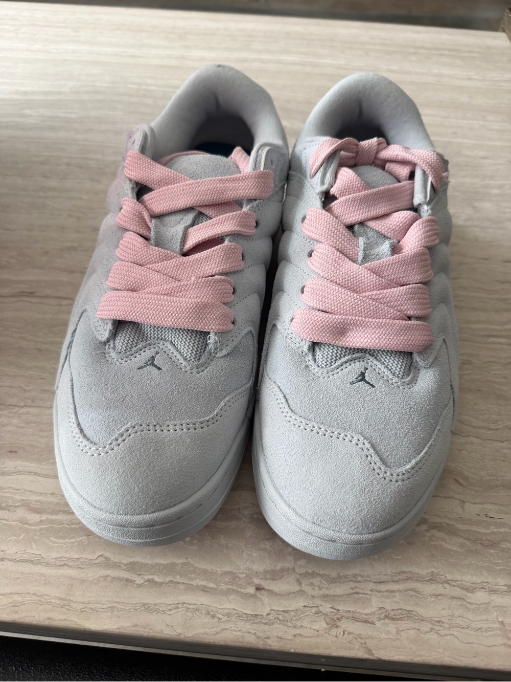 Jordan Light Gray Suede Sneakers with Pink Laces